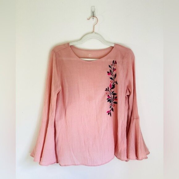 St. Johns Bay Pink Embroidered Bell Sleeve Blouse Petite L Rayon/Polyester - Picture 1 of 8